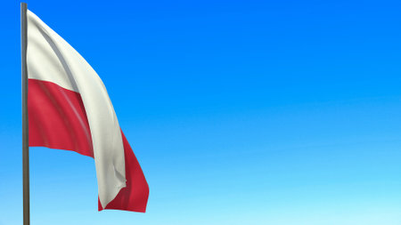 flag of Poland waving in the wind on flagpole against the sky 3d rendering.
