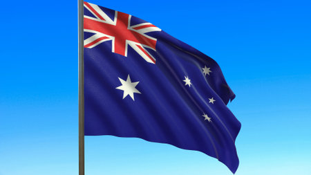 flag of Australia waving in the wind on flagpole against the sky 3d rendering.の写真素材