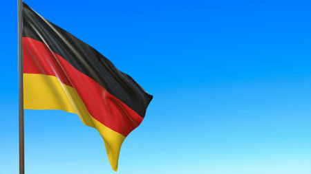 flag of Germany waving in the wind on flagpole against the sky 3d rendering.の写真素材