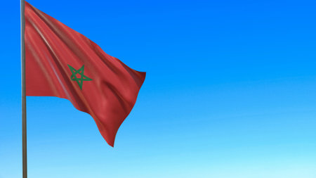 flag of morocco waving in the wind on flagpole against the sky 3d rendering.の写真素材