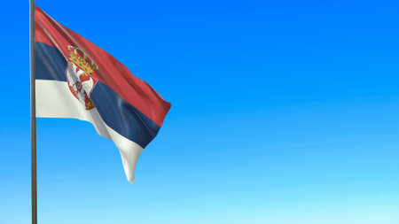 flag of serbia waving in the wind on flagpole against the sky 3d rendering.