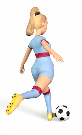 football player girl kicks a soccer ball on a white background 3d rendering.の写真素材