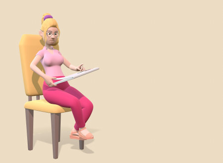 Girl in pink reading a newspaper sitting on a chair, isolated. Reading news 3d rendering.の写真素材