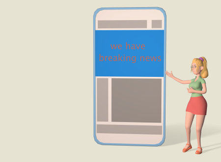 A girl standing next to a big phone. Reading news. 3d-rendering