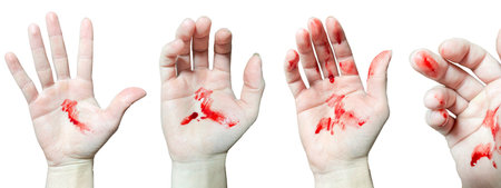 A bloody hand on a white background. The bloodstains on the palm are a real bloody hand. A set of four positionsの写真素材