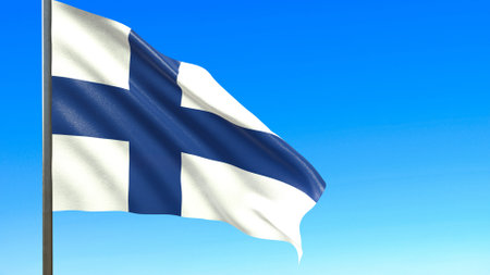 flag of finland against a blue sky 3d renderingの写真素材