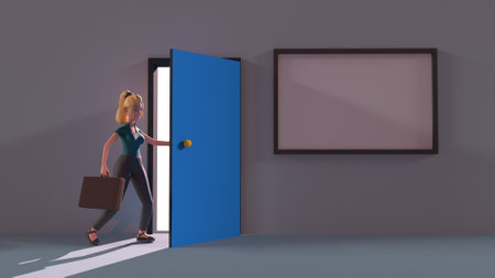 Open the door to find new opportunity, new job or get out of comfort zone, hope to find success, way to exit. 3d-renderingの写真素材
