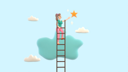 Success ladder to reach goal, businessman climb up ladder of success to reach star target....