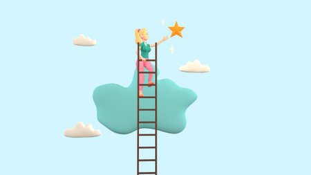 Success ladder to reach goal, businessman climb up ladder of success to reach star target. 3d-renderingの写真素材