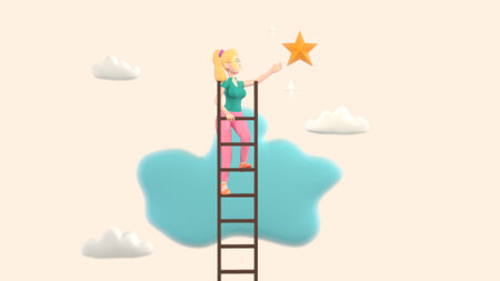 Success ladder to reach goal, businessman climb up ladder of success to reach star target. 3d-renderingの写真素材