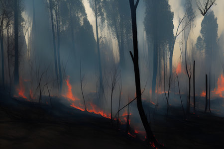 Spring fires creepy shots, burning trees and grass.の写真素材