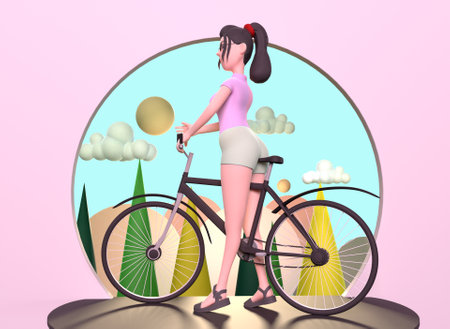a girl in light green shorts and a pink T-shirt is sitting on a bicycle 3d-renderingの写真素材