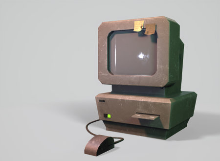 An old stylized computer on a gray background 3d-rendering