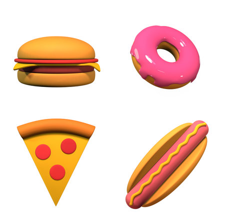 cartoon fast food icons on a white background 3d rendering.の写真素材