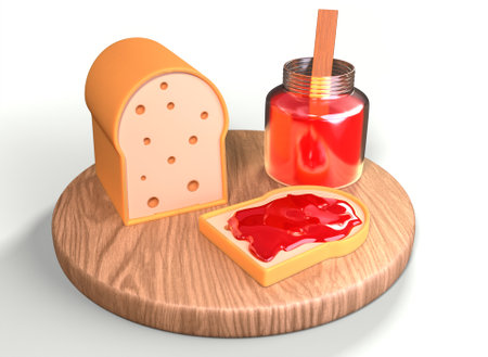 wooden tray with sandwiches and a jar of strawberry jam 3d-rendering.の写真素材