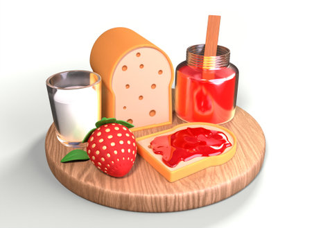 wooden tray with sandwiches and a jar of strawberry jam 3d-renderingの写真素材