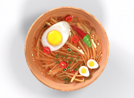 a plate of ramen on a white backgroundの写真素材