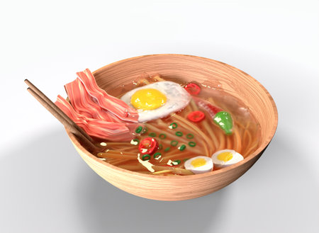 a plate of ramen on a white backgroundの写真素材