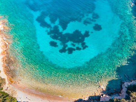 Aerial drone top down shot of beautiful sea. Turquoise seascape. Summer holiday background view.の写真素材