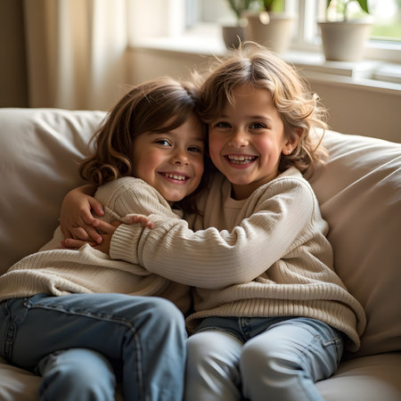 Portrait of smiling little girls hugging and looking at camera while sitting on sofa at homeの素材