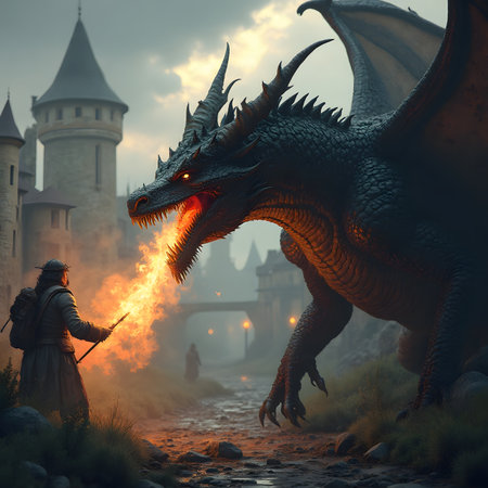 Fantasy scene with dragon and castle. 3d render illustration.の素材
