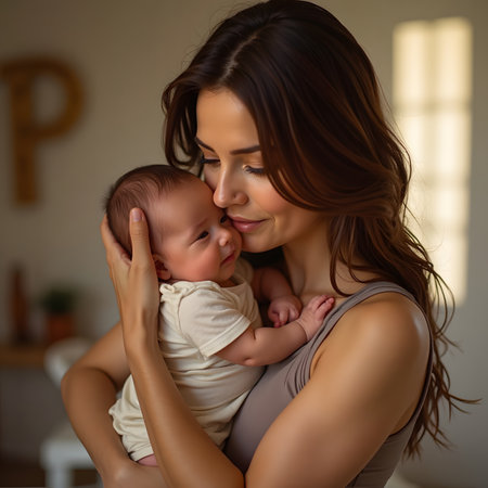 Beautiful young mother with her newborn baby in her arms at homeの素材