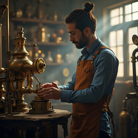 A portrait of a handsome young man in apron standing near a vintage samovar.の素材