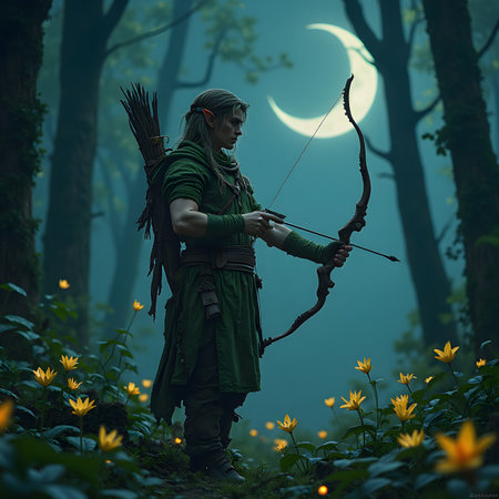 Woman archer with bow in the forest at night. Fantasy.の素材