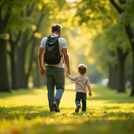father and son walking in the park on a sunny summer day.の素材