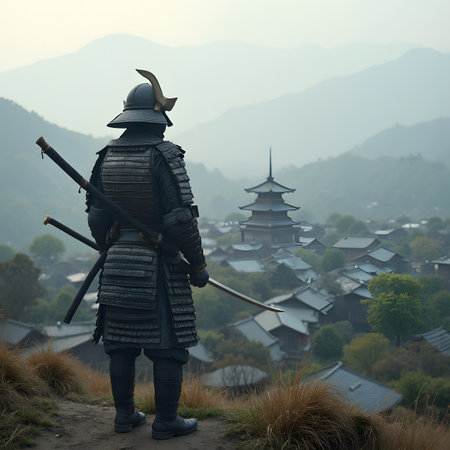Korean warrior in traditional clothes standing on a mountain with his swordの素材