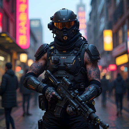 A cyborg with a gun in the streets of Chicago.の素材