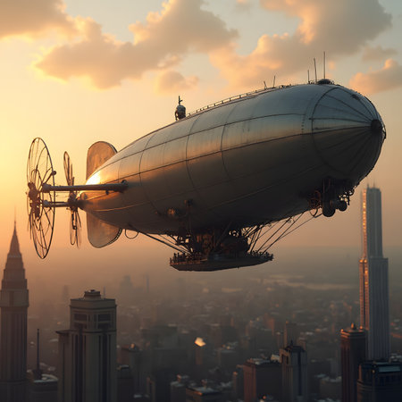 3d illustration of a dirigible flying over the city at sunsetの素材