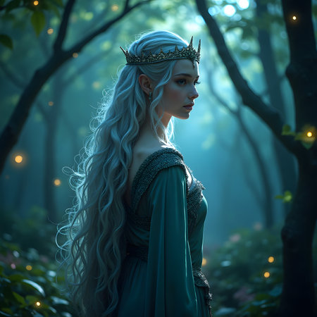 3d rendering of a beautiful fantasy princess in the forest at nightの素材