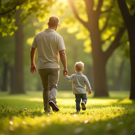 Father and son walking in the park at sunset. Concept of friendly family.の素材