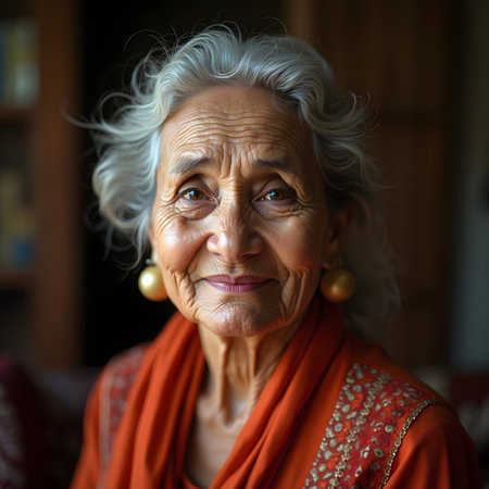 Portrait of an elderly woman with a smile on her face.の素材