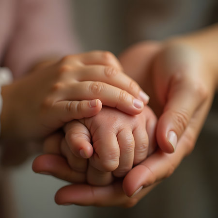Close up of mother and child hands holding each other. Family support conceptの素材