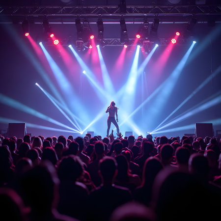 Silhouette of a concert crowd in front of bright stage lightsの素材