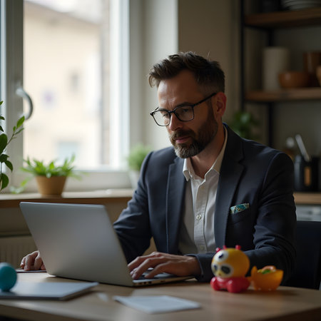 Businessman working on laptop in office. Businessman working at homeの素材