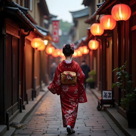 A girl in a red kimono walks along a street in the old town of Kyoto, Japan.の素材