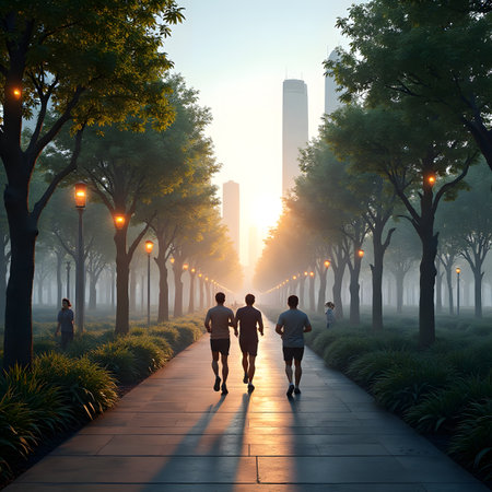 Group of people jogging in the park at sunrise. Healthy lifestyle concept.の素材