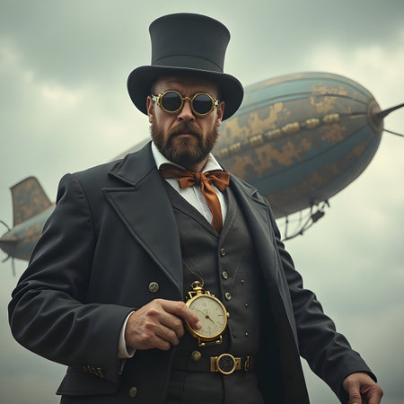 A portrait of a stylish man in a top hat and bow tie posing on the background of an airship.の素材