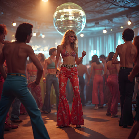 Group of young people dancing in the night club. The girl is wearing a red bikini.の素材