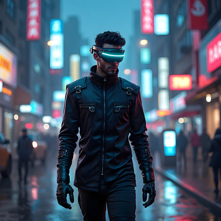 Young man wearing virtual reality glasses in the city at night. 3d rendering.の素材