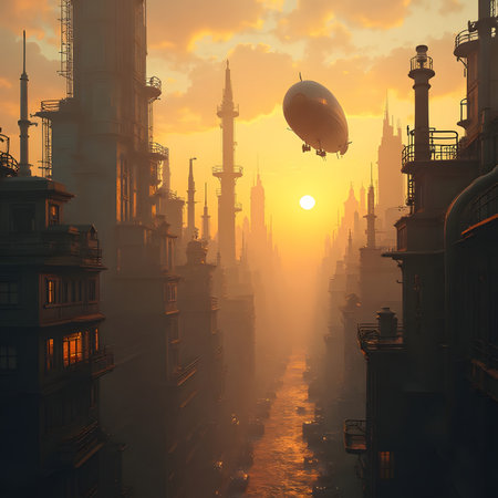 Airship flying over the city at sunset, 3d render illustrationの素材