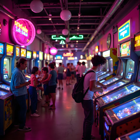 Unidentified people play slot machines in Moscow amusement parkの素材