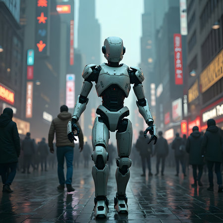 3d rendering humanoid robot walking on the street in the city at nightの素材