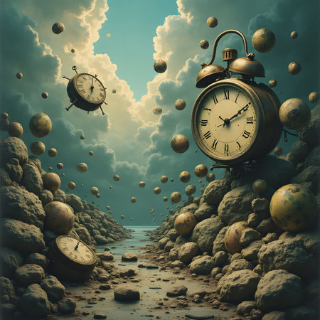 Vintage alarm clock and planets in the sky. 3D renderingの素材