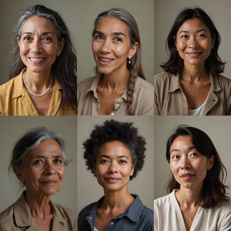 Portraits of different ethnic women in front of a gray background.の素材