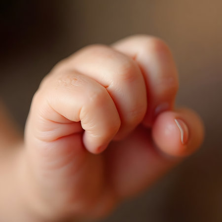 Close up of a hand of a child holding something on a blurred backgroundの素材