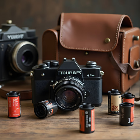 Vintage camera and film on wooden table.の素材